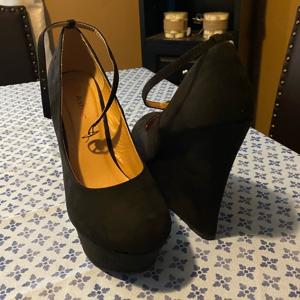 Black Suede Wedge Heels with Adjustable Strap - Picture 2 of 3
